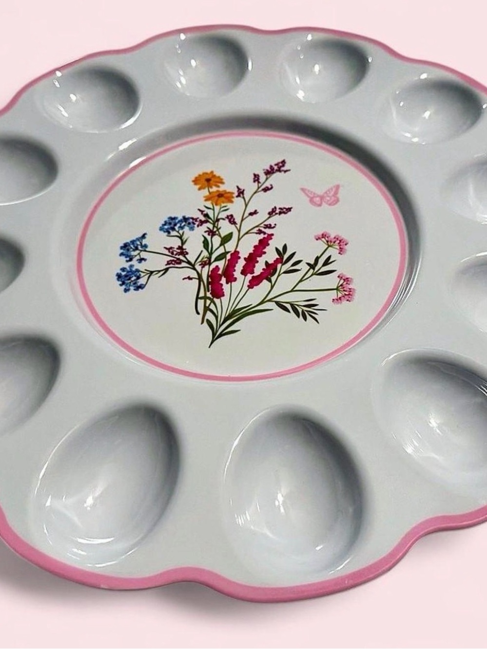 New Dolly Parton Floral Egg Plate - White with Pink Trim